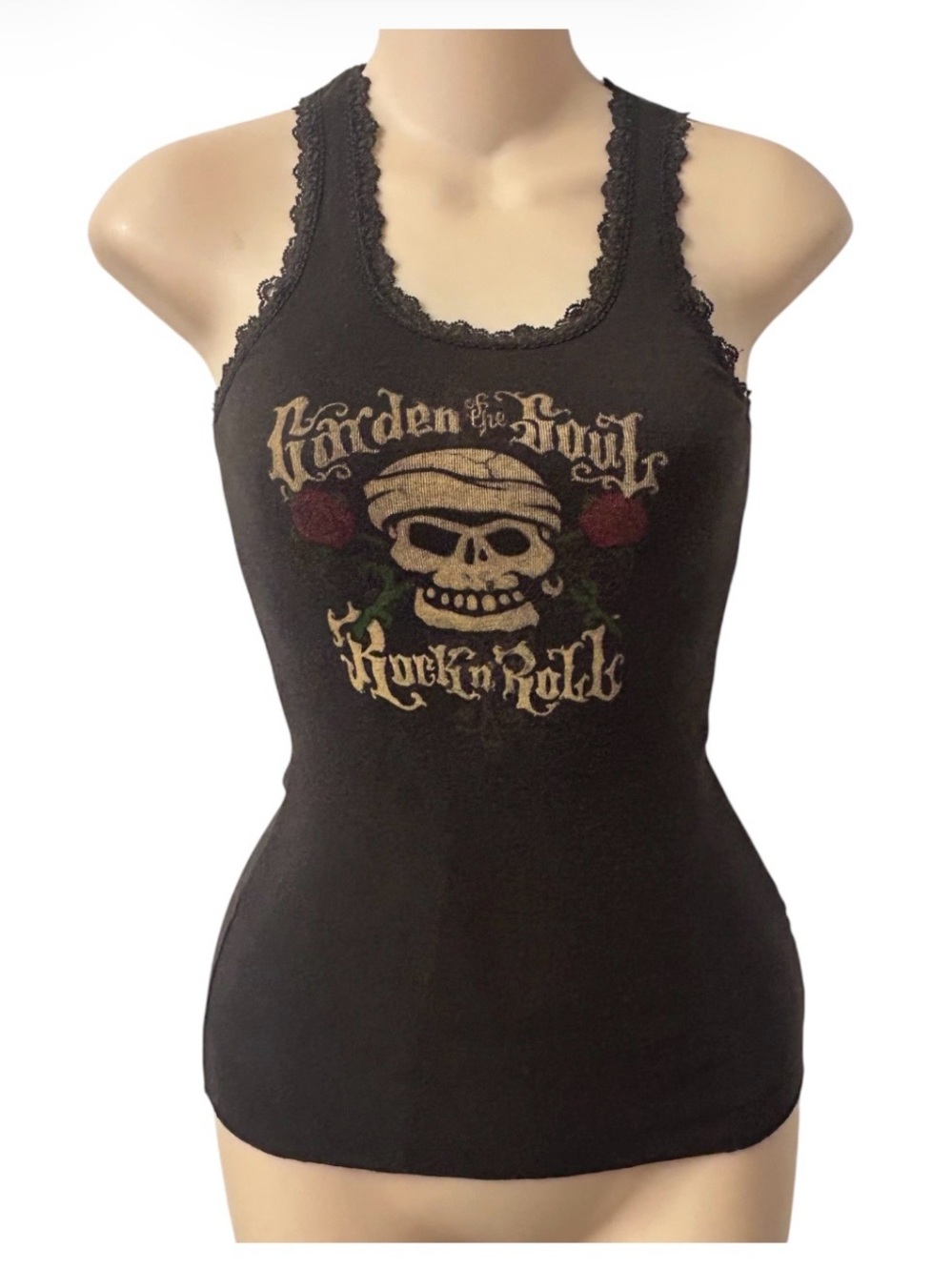 Lucky Y2K Black Lace Skull Roses Rock N Roll Tank Top Womens Small Goth